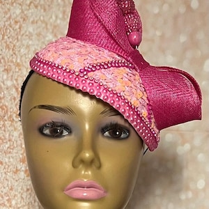 Pink Bead and Sequin Teardrop Fascinator, Light Pink Half Hat for Church head covering, Tea Party, Weddings, and other Special Occasions