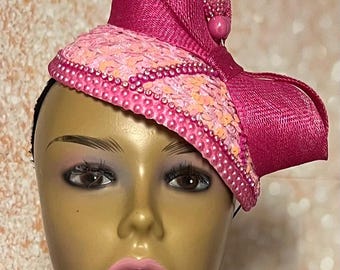 Pink Bead and Sequin Teardrop Fascinator, Light Pink Half Hat for Church head covering, Tea Party, Weddings, and other Special Occasions
