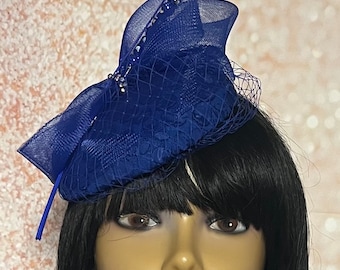Blue Button Fascinator Royal Blue Half Hat for Church head covering, Tea Party, Wedding, and other Special Occasions
