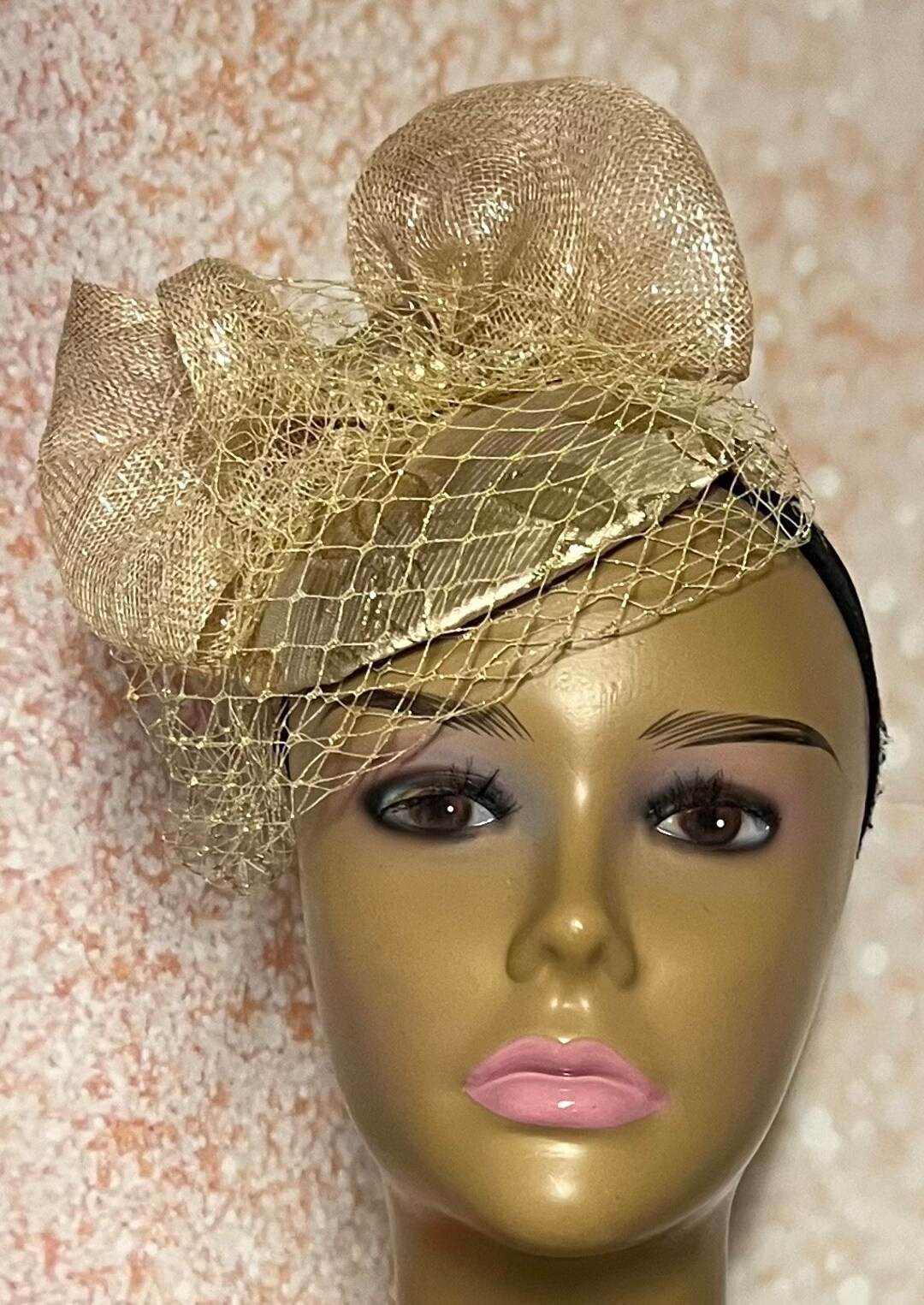 Gold Small Button Fascinator Half Hat, Church Head Covering, Headwear