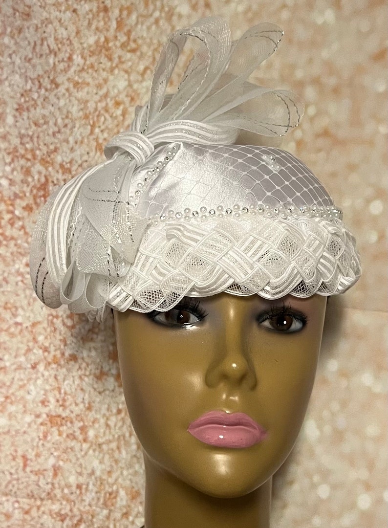 White Satin Fascinator Half Hat for Church Head Covering Tea Etsy
