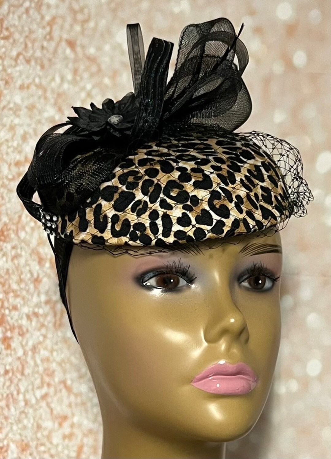 Leopard Fascinator Half Hat for Tea Party, Church Head Covering