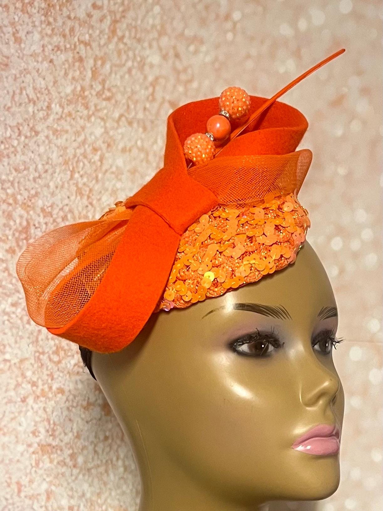 Orange Sequin Felt Small Half Hat Fascinator for Church Head  display picture 3