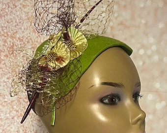 Green and Burgundy Felt Flower Headband Fascinator Half Hat for Church, Tea Parties, Weddings and other special occasions