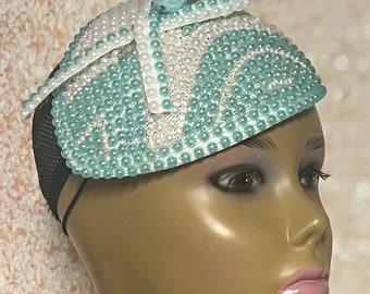 Turquoise/Light Teal Beaded Half Hat Fascinator for weddings, church and special occasions, Gift for Mom, Sister, Wife, Her