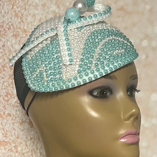 Turquoise/Light Teal Beaded Half Hat Fascinator for weddings, church and special occasions, Gift for Mom, Sister, Wife, Her