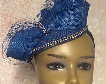 Royal Blue Sinamay Fascinator: Rhinestone & Bow Half Hat