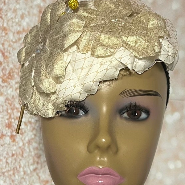 Flower Fascinator Half Hat in Gold and Cream, Weddings, Church, Head Covering, Tea Parties, Special Occasions