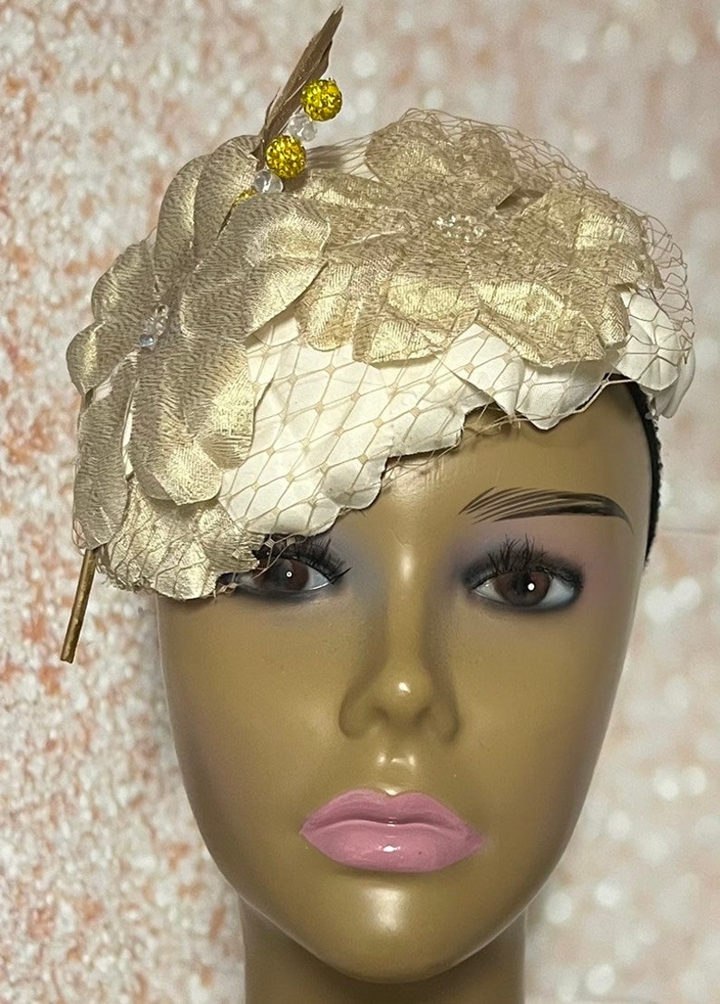 Flower Fascinator Half Hat in Gold and Cream Weddings Etsy