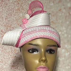 Beautiful Pink and White Beaded Full Hat for Church, Wedding, Mother of the Bride, Head Covering, Tea Parties and other special occasions