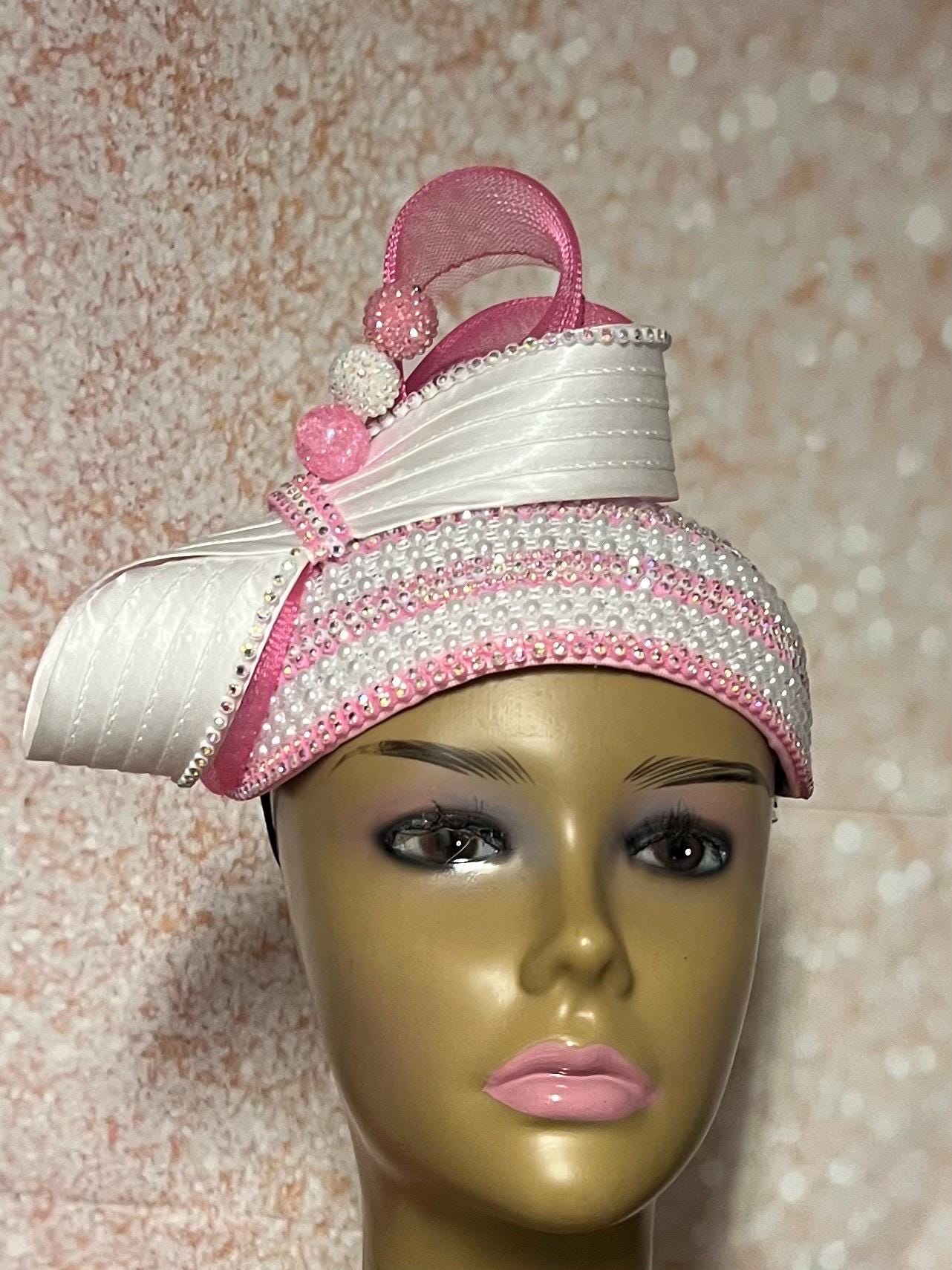 Beautiful Pink and White Beaded Full Hat for Church, Wedding  display picture 2