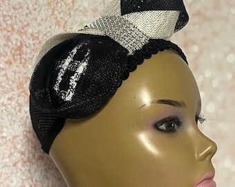 Black and White Houndstooth Tweed Headband Fascinator Half Hat for Church Head Covering, Tea Party, Wedding, and Other Special Occasions