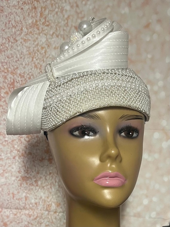 White Pearl Rhinestone Beaded Three Quarter/half Hat With  display picture 2