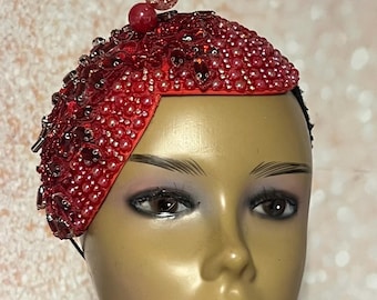 Red Beaded Rhinestone Double Cup Teardrop Fascinator Hat, Church and Special Occasion Headwear
