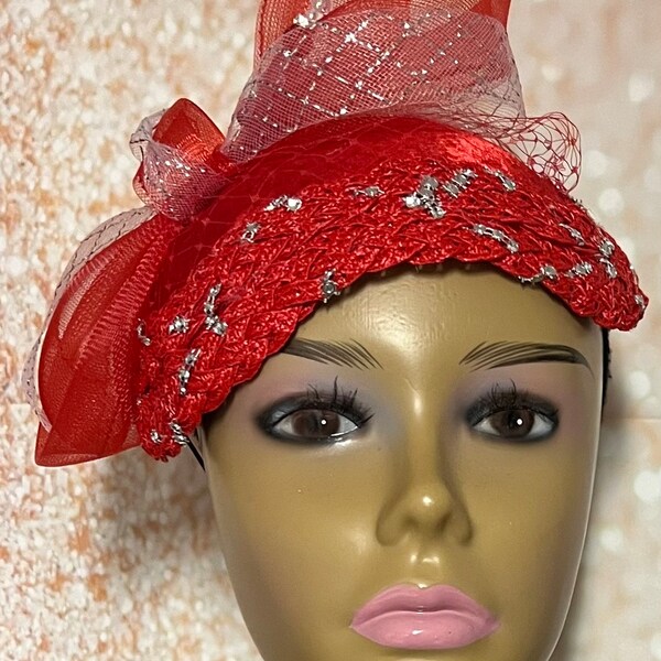 Red and Silver Fascinator Half Hat for Church, Tea Party, Weddings and Special Occasions