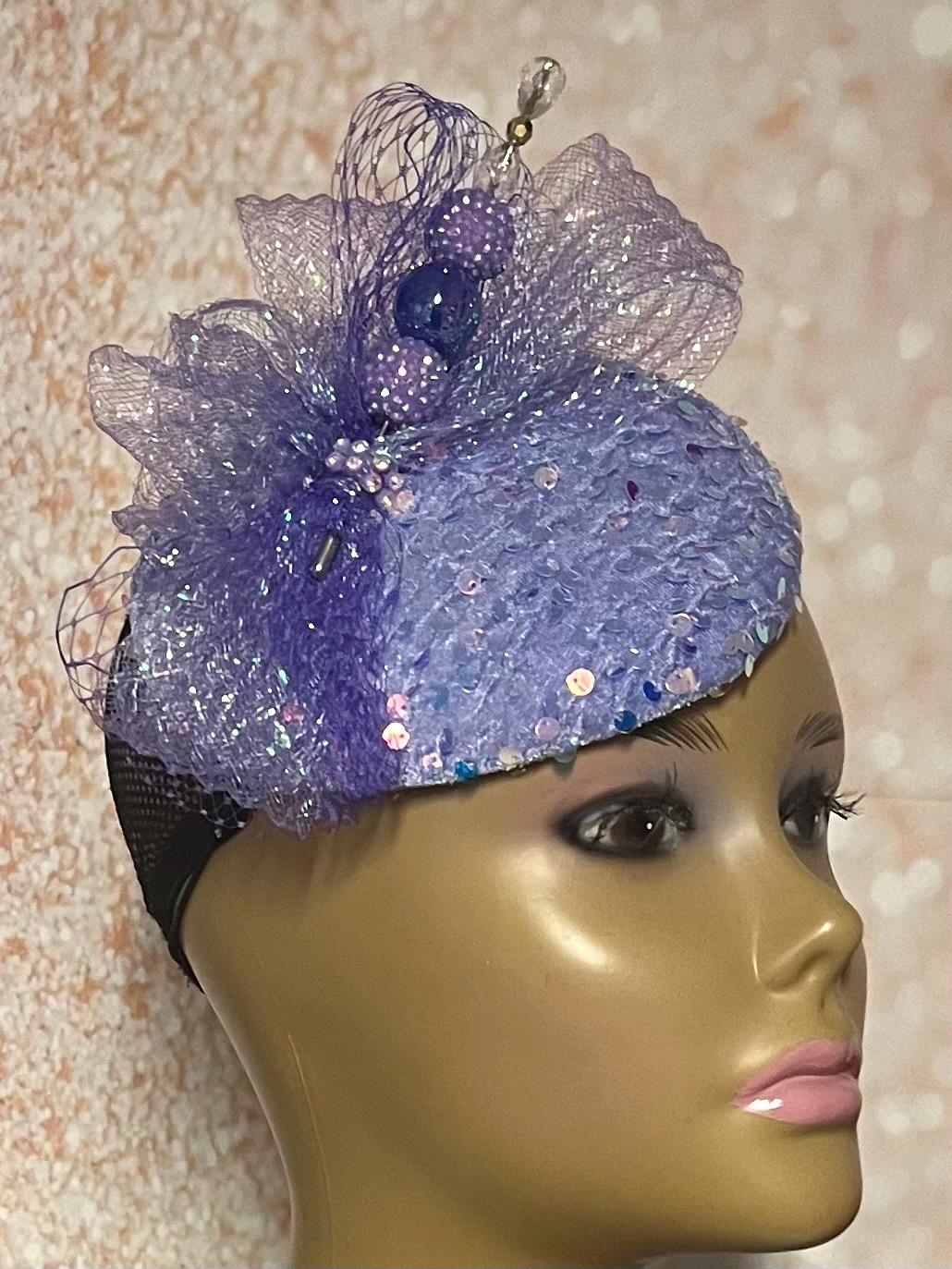 Lavender Sequins Fascinator Hat, Wedding and Church Head 