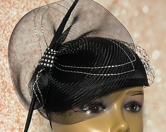 Black Satin Hat for Church, Wedding, Mother of the Bride, Head Covering, Tea Parties