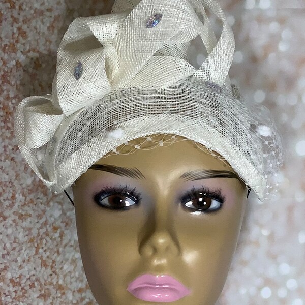 White Sinamay Fascinator Half Hat for Church Head Covering, Wedding, Tea Party and other Special Occasions