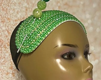 Green Beaded Headband-Shaped Fascinator Half Hat for Church, Tea Parties, Weddings and other special occasions