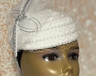 White Lace and Pearl Half Hat Fascinator for weddings, church, tea parties and special occasions