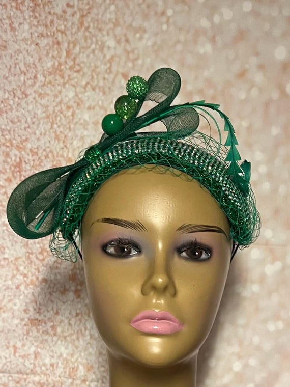 Chic Green Bow Hat with Rhinestone Accents Satin Ribbon Church Hat, Elegant Designer Hat, Rhinestone  main image 3