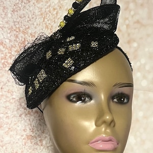 Black Sequin Lace Teardrop Rhinestone Fascinator Half Hat for Church Head Covering, Weddings, Tea Parties and Other Special Occasions image 4