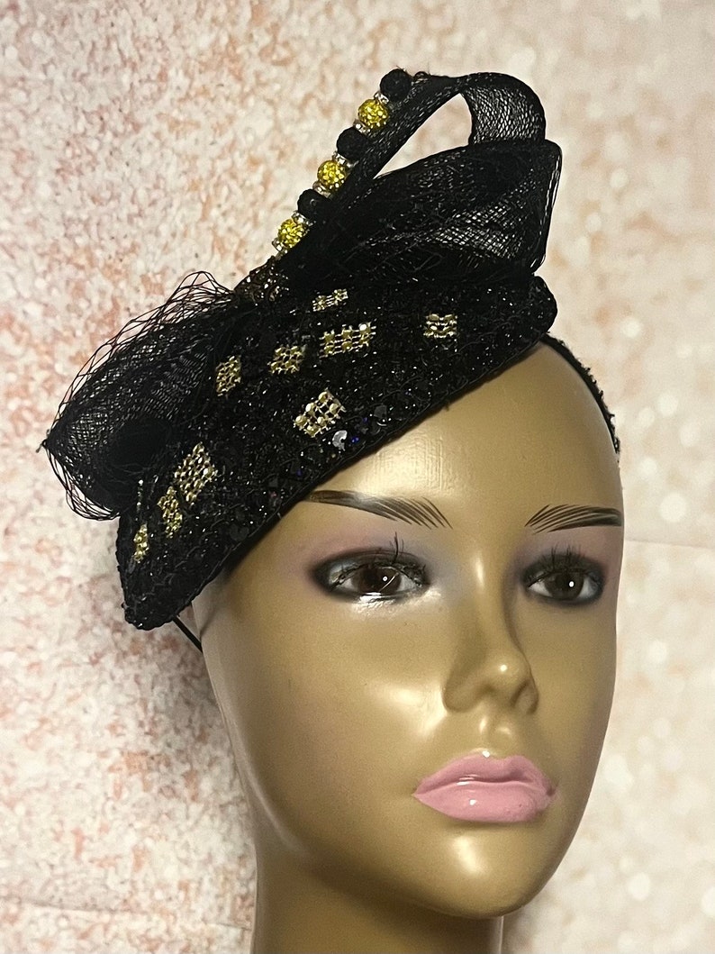 Black Sequin Lace Teardrop Rhinestone Fascinator Half Hat for Church Head Covering, Weddings, Tea Parties and Other Special Occasions image 4