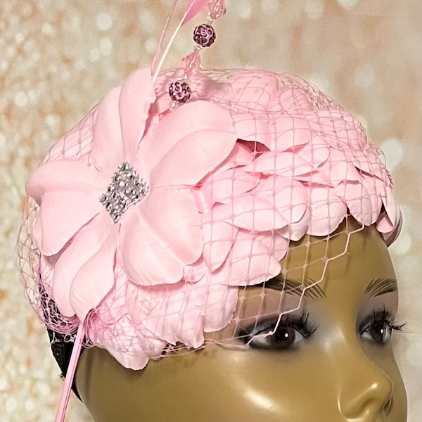 Pink Flower Fascinator, Light Pink Half Hat for Church head covering, Tea Party, Wedding, and other Special Occasions