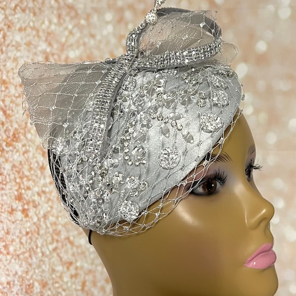 Silver Rhinestones Crystal Bling Fascinator Half Hat for Church, Tea Parties, Weddings and other special occasions