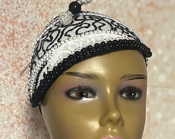 Black and White Beaded Lace Fascinator Half Hat for Church
