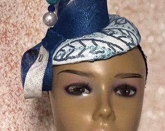 Blue and White Fascinator, Cocktail Royal Blue Half Hat for Church head covering, Tea Party, Wedding, and other Special Occasions