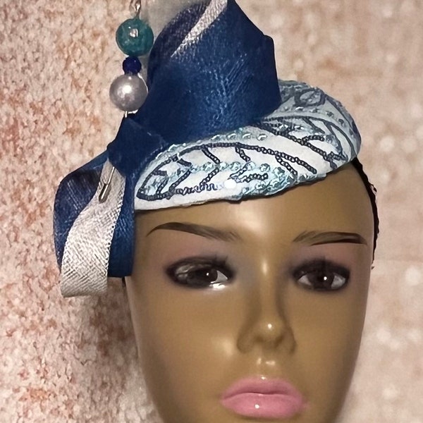 Blue and White Fascinator, Cocktail Royal Blue Half Hat for Church head covering, Tea Party, Wedding, and other Special Occasions