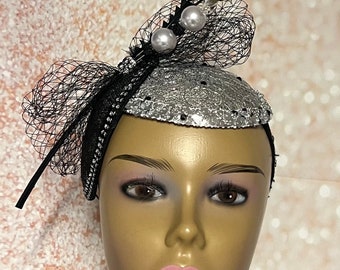 Silver Mesh and Black Sinamay Shiny Bling Fascinator Half Hat for Church, Tea Parties, Weddings and other special occasions