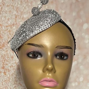 Silver Rhinestone Bling Button Cocktail Fascinator Half Hat for Church, Tea Parties, Weddings and other special occasions