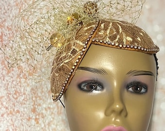 Gold Lace Fascinator Half Hat, Weddings, Church, Tea Parties, and other Special Occasions