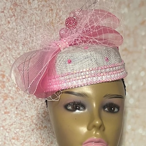 Pink and White Small Beaded Air Hostess hat for Church, Wedding, Mother of the Bride, Head Covering, Tea Parties and other special occasions