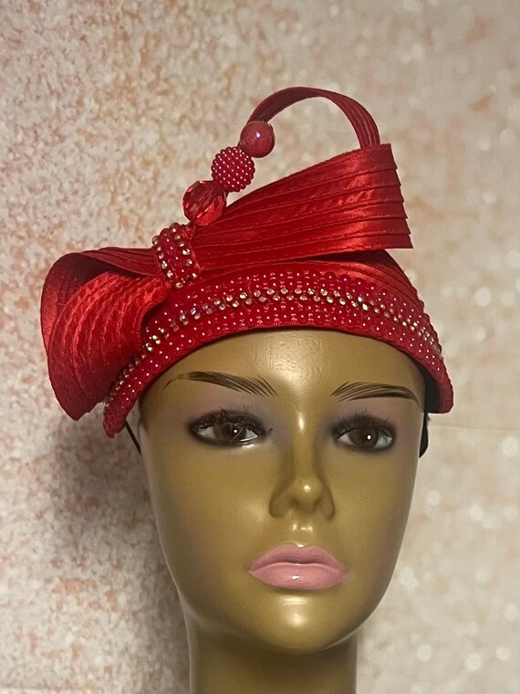 Red Beaded Satin Fascinator: Special Occasion Half Hat 