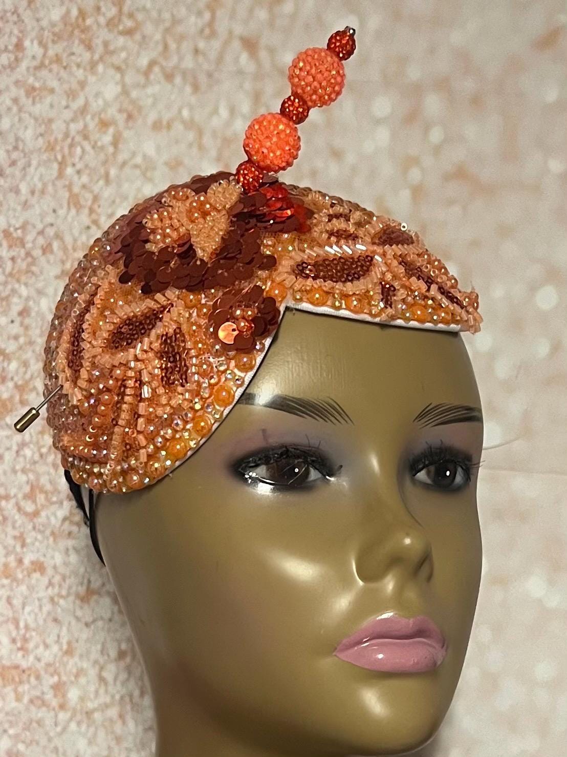 Orange Beaded Double Cup Rhinestone Fascinator Teardrop Half Hat