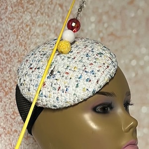 White Multi Tweed Fascinator Half Hat, White Small Half Hat for Church head covering, Tea Party, Wedding, and other Special Occasions