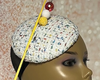 White Multi Tweed Fascinator Half Hat, White Small Half Hat for Church head covering, Tea Party, Wedding, and other Special Occasions