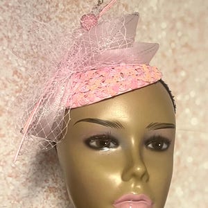 Pink Sequin Small Fascinator, Light Pink Half Hat for Church head covering, Tea Party, Weddings, and other Special Occasions