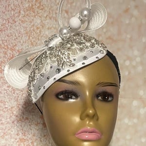 Hats by Nanette Silver Rhinestone Pillbox White Fascinator Church Wedding Derby White Rhinestone Church Hat: Satin Pillbox With Silver  main image 4