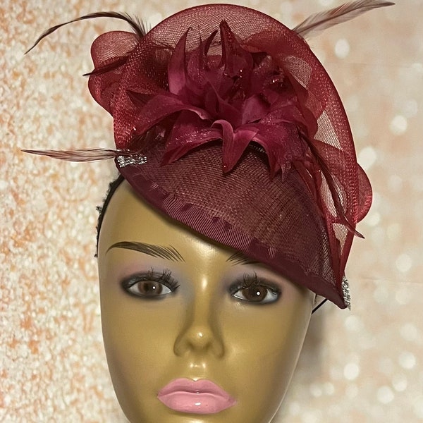 Burgundy Flower Sinamay Teardrop Fascinator Half Hat for Church, Weddings and other special occasions