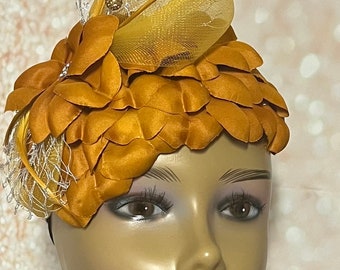 Mustard, Fire Gold/Dark Orange Flower Fascinator Half Hat, Weddings, Church, Tea Parties, and other Special Occasions