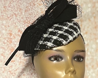 Black and White Houndstooth Tweed and Felt Fascinator Half Hat for Church Head Covering, Tea Party, Wedding and Other Special Occasions