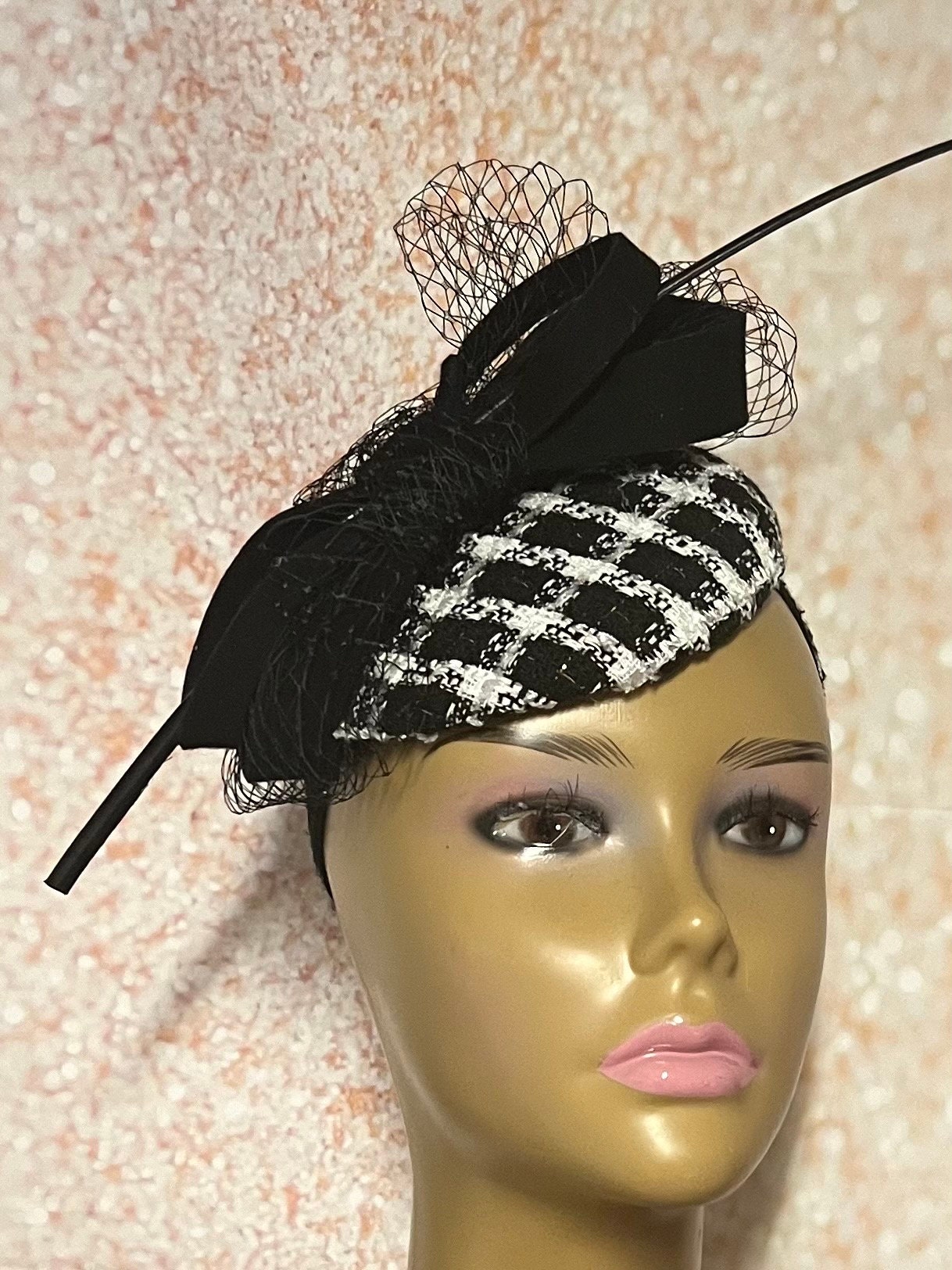 Black and White Houndstooth Fascinator with Bow Jackie O pillbox - fun with the black and white houndstooth  main image 4