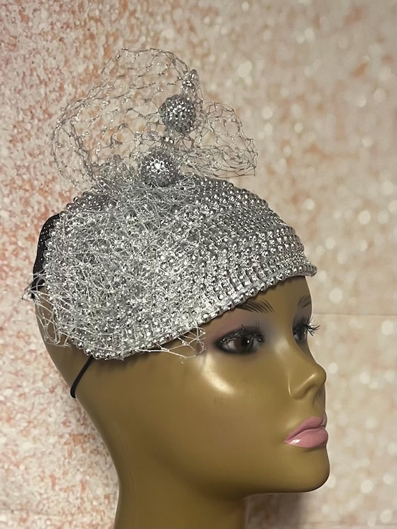 Silver Beaded Rhinestone Fascinator Half Hat, Veil, Church  display picture 2