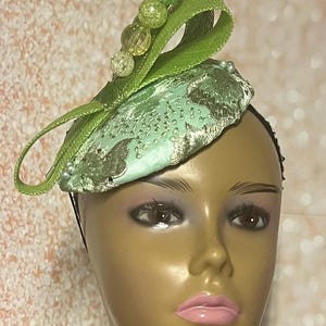 Green Lace Button Pillbox Fascinator Half Hat, Church Head Covering, Headwear, Tea Parties, Weddings, and other Special Occasions