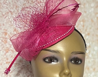 Pink Sinamay Small Circular Fascinator Half Hat, Church Head Covering, Headwear, Tea Parties, Weddings and other Special Occasions