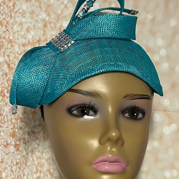 Turquoise Sinamay Pillbox Fascinator Half Hat for Church Head Covering, Mother of the Bride, Tea Party, Races and other Special Occasions